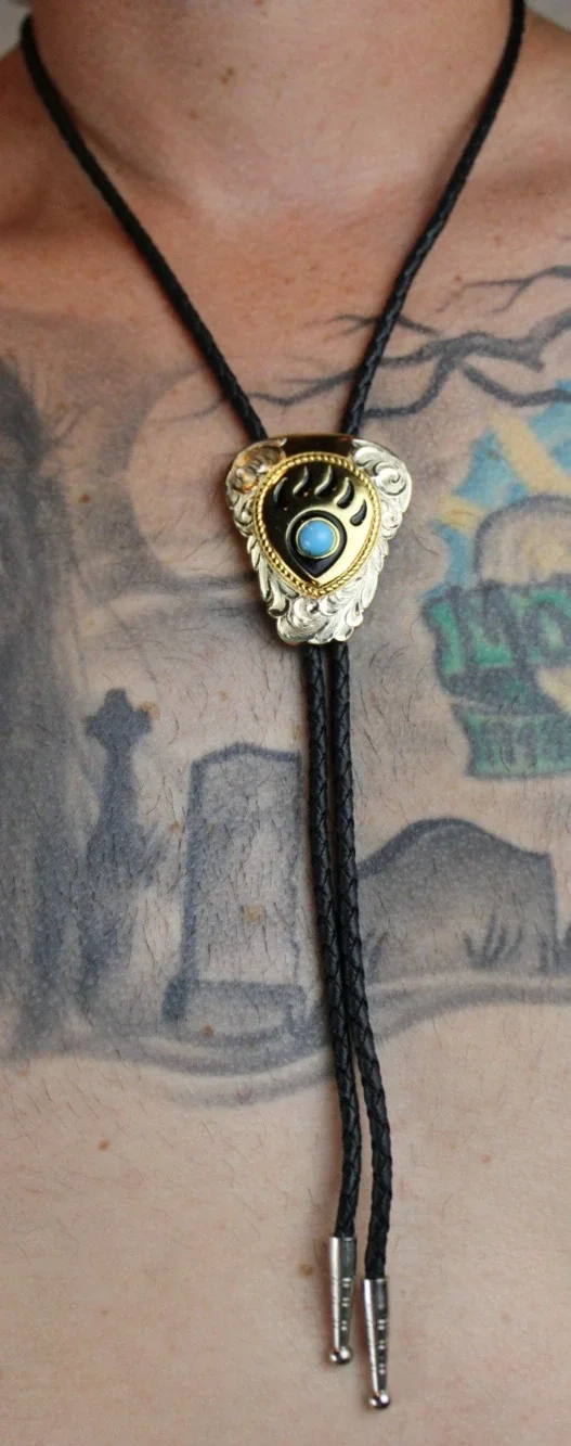 Vintage Brass Bear Paw Turquoise Bolo Tie – Leather Cord – Taiwan Western